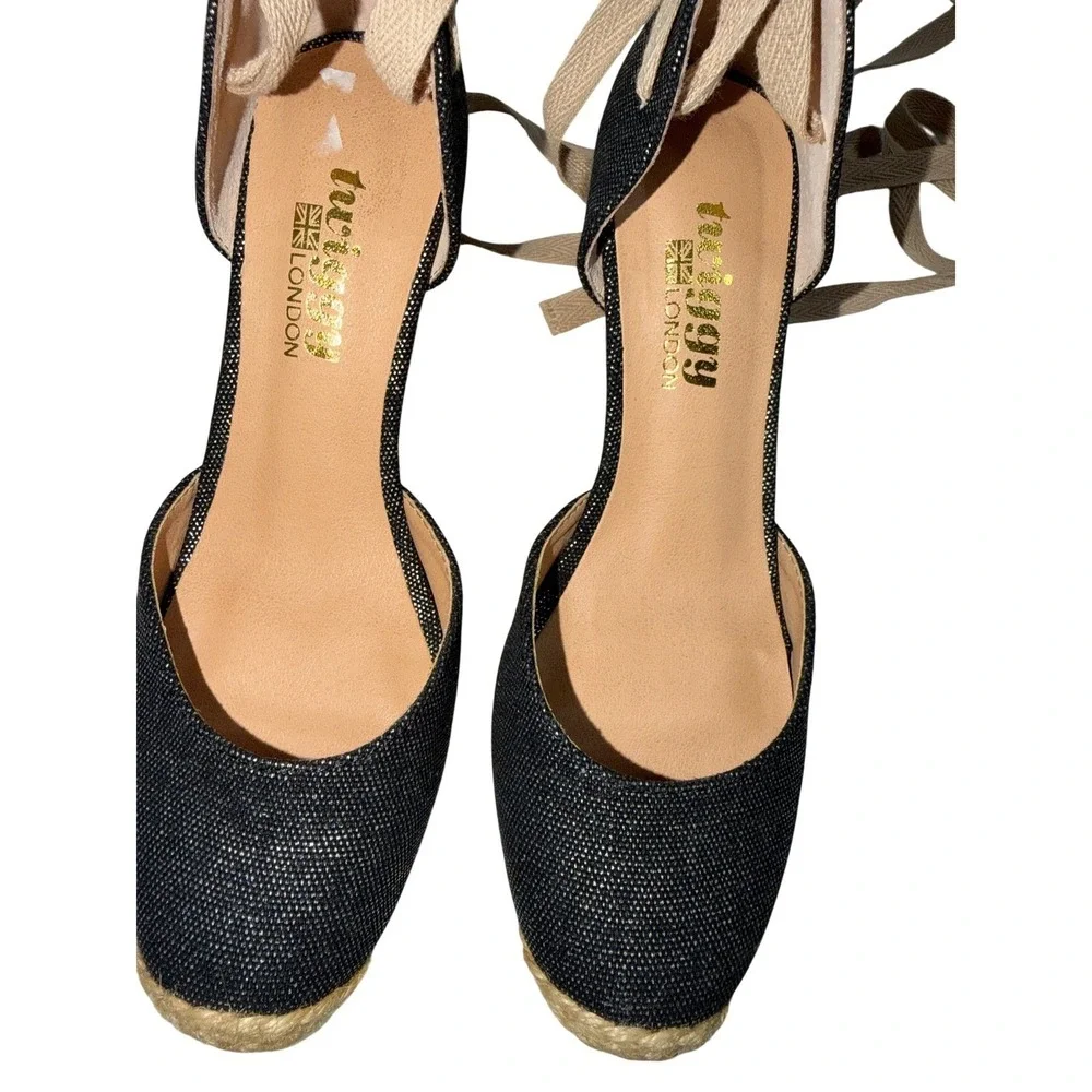 Twiggy London Espadrille Wedge Heels Navy‎ Metallic Lace Up Women's Shoes sz5